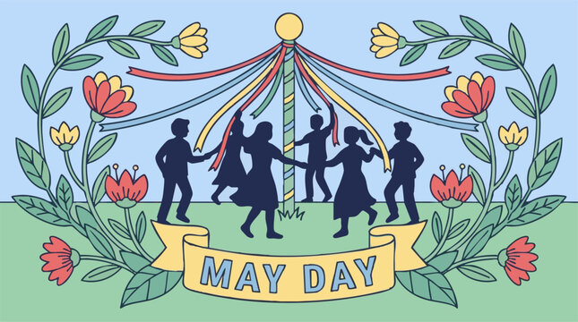 May Day celebration with people dancing around a traditional maypole and spring flowers