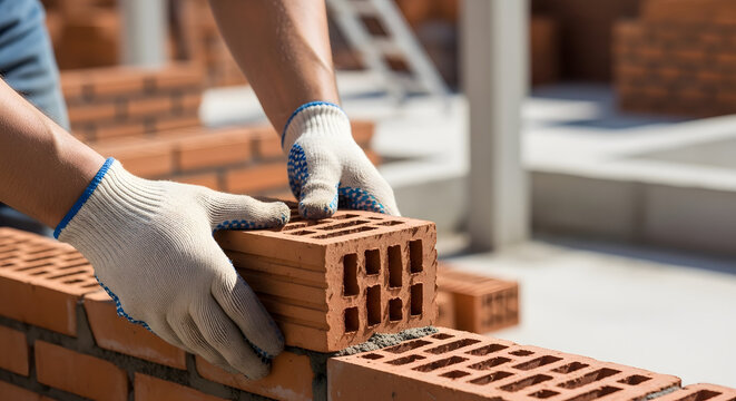 A construction worker carefully places a red brick on a building site, emphasizing construction skill.