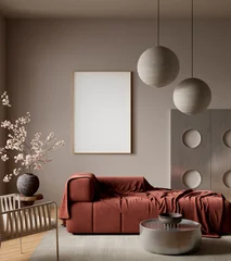Fototapete Japandi Bright contemporary living room with poster frame mockup and red sofa in minimalist Japandi style featuring clean furniture and soft daylight with warm tones. 3D illustration  © Salih