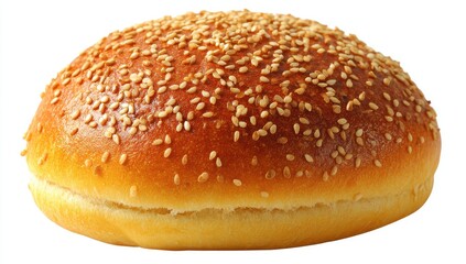 Fototapeta premium Golden-brown, fluffy, round bread roll topped with toasted sesame seeds