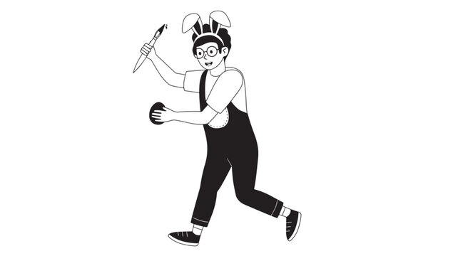 Female pirate illustration with sabre in one hand and running pose in flat black line art on white background