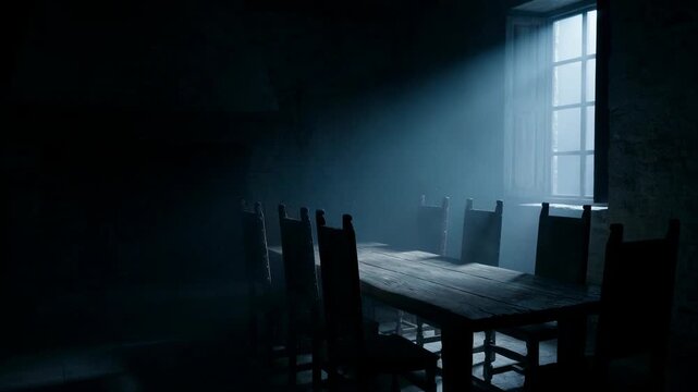 Abandoned dining room with dusty atmosphere. Dark haunted mansion interior with beam of sunlight illuminating empty wooden table and chairs. Spooky thriller scene.