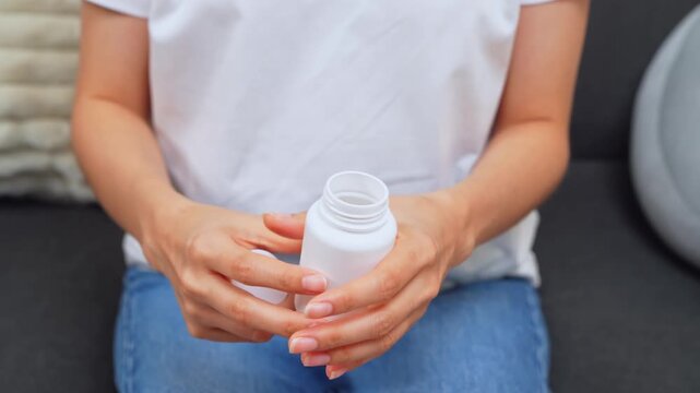 Woman sitting on sofa taking medication from a pill bottle at home, healthcare and treatment concept