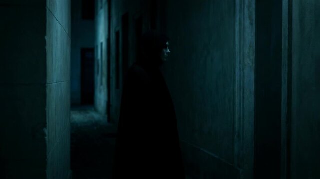 Man in black hooded cloak and pale mask standing in dark narrow alley. Horror scene with mysterious spooky figure hiding in shadow. Cinematic thriller concept.
