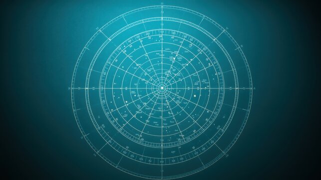 Complex circular diagram. Celestial map with zodiac signs, constellations, numbers. Teal background provides contrast. Detailed astronomical illustration.