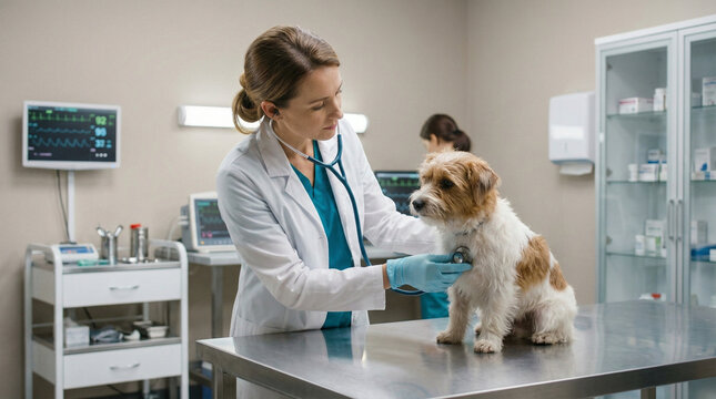 Veterinarian examining dog on examination table in modern clinic  