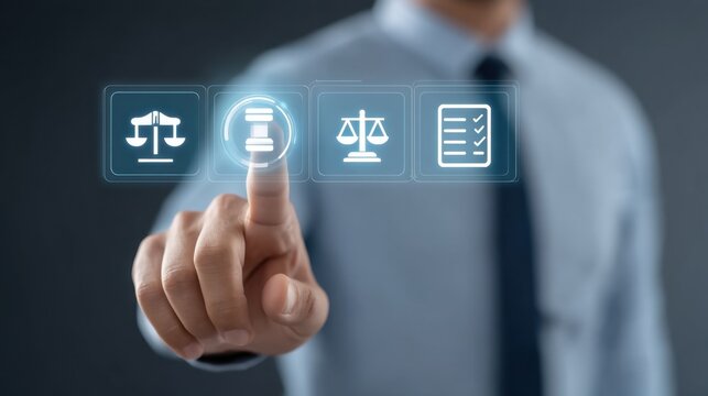 Businessman Touching Virtual Screen with Legal Icons Representing Justice and Law Concepts