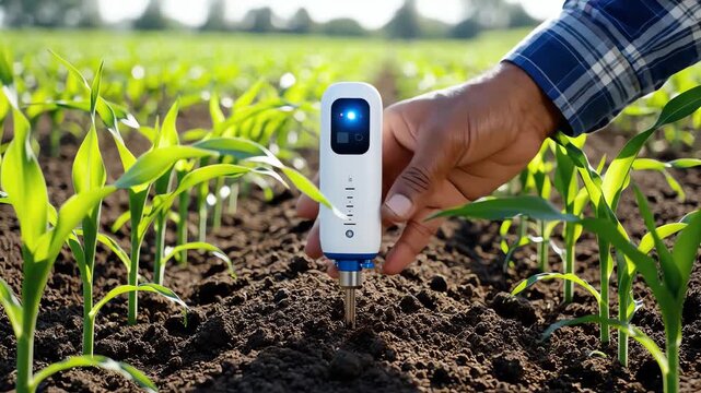 Farmer uses advanced soil sensor technology to test soil moisture and nutrients in a green cornfield, symbolizing precision agriculture and crop health monitoring.