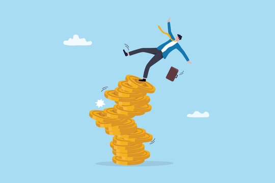Market volatility financial risk, uncertainty or money loss in crisis, stock market falling down or collapse recession or market crash, businessman investor falling down from unstable coins stack.
