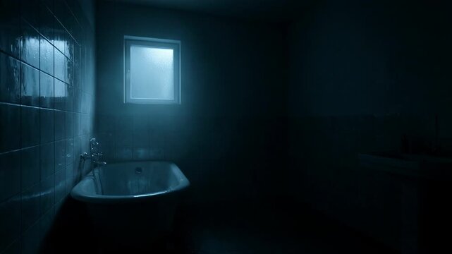 Empty dark bathroom with vintage bathtub under moonlight. Spooky horror interior scene with dim blue illumination. Scary abandoned room design for thriller film.