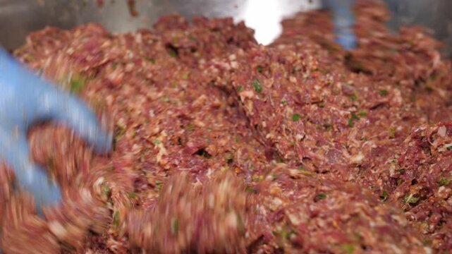 Professional butcher mixing seasoned ground meat