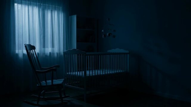 Empty nursery room with rocking chair and crib in dark night atmosphere. Scary shadows in abandoned house. Creepy interior for horror cinematic movie sequence.