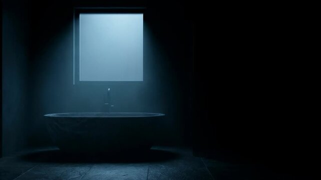 Dark bathroom with moonlight beam coming from window. Spooky minimalist interior with stone tub. Eerie and haunted atmosphere for suspenseful horror film scene.