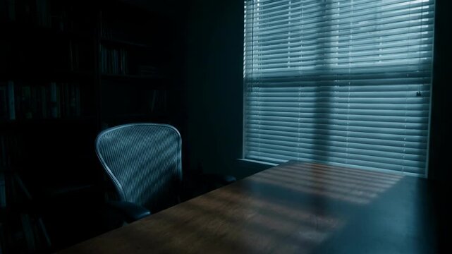 Dark spooky office interior with desk and chair. Empty mysterious room with blinds and moonlight. Ghostly night atmosphere for suspense or horror thriller scene.
