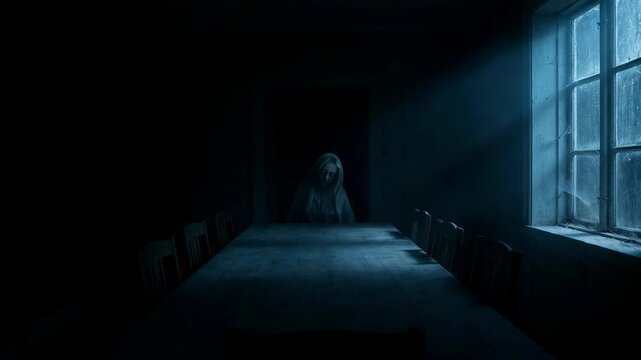 Ghostly woman apparition sitting at long dining table in dark abandoned house. Eerie room with moonlight shining through window to create cinematic horror scene.