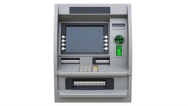 A modern automated teller machine with a gray and black design on a white background