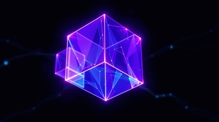 Fototapeta premium Glowing cube structure, neon lines forming complex geometry. Dark background emphasizes bright, futuristic design. Minimalist aesthetic.