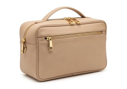 A beige leather handbag with gold accents and multiple compartments