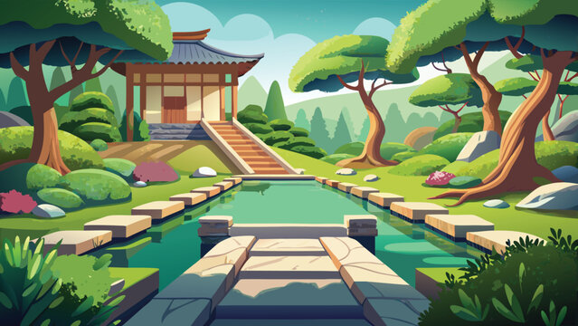 Vibrant cartoon landscape of Serene traditional garden with a tranquil pond and wooden bridge. Vector