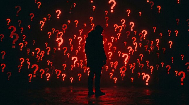 Silhouette of person surrounded by glowing red question marks in dark space conveying uncertainty and confusion