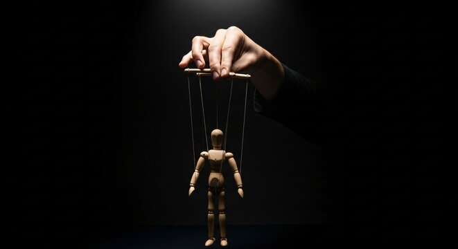 Wooden mannequin puppet suspended by strings controlled by a hand in dark studio lighting for manipulation concept