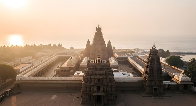 Sunrise over ancient Rameswaram Ramanathaswamy Temple, India; vast Hindu complex with ornate gopurams and sacred architectural marvels.