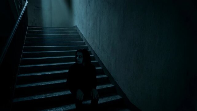 Woman with scary appearance sitting on dark staircase. Horror scene in gloomy stairway. Lonely ghost in abandoned mansion, mystery and paranormal suspense concept.