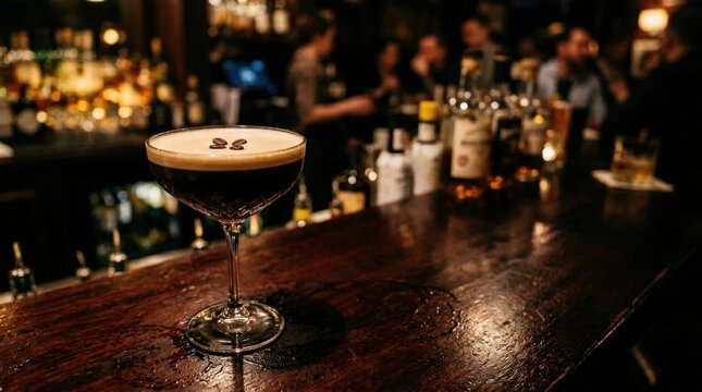 Espresso Martini cocktail with coffee bean garnish on a dark wooden bar counter in a moody dimly lit cocktail lounge with blurred people and liquor bottles in the background