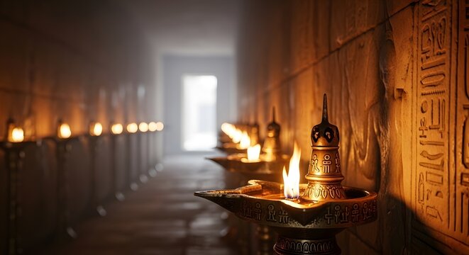 Traditional burning oil lamps illuminate the ancient stone corridor of Ramanathaswamy Temple in Rameswaram during a Hindu religious ceremony
