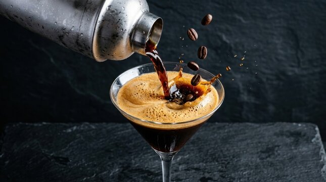 Espresso Martini Cocktail Cocktail Pouring from Shaker into Martini Glass with Floating Coffee Beans and Dynamic Splash, Dark Slate Background, Professional Studio Photography