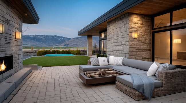 Modern home exterior with stone walls, outdoor sofa, fireplace, mountain view, evening light, and landscaped yard create cozy atmosphere