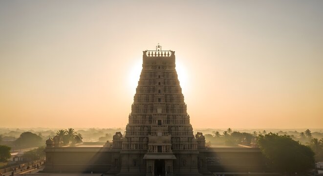 Majestic Rameswaram Ramanathaswamy Temple gopuram backlit by golden sunrise, India.