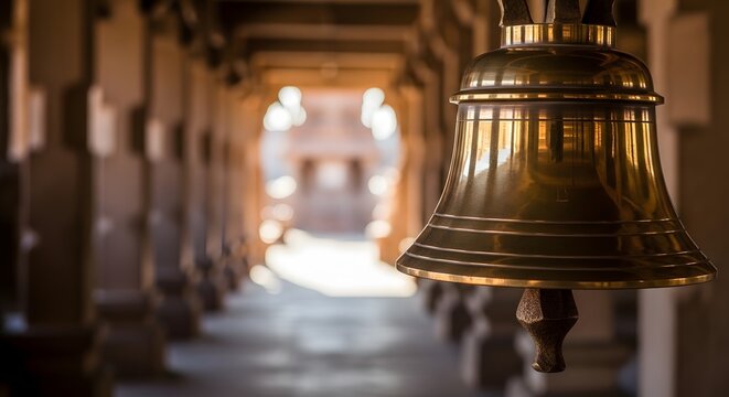 Large Brass Temple Bell Hanging in Ramanathaswamy Temple Corridor in Rameswaram, India for Hindu Religious Worship Rituals