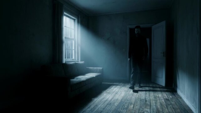 Silhouette of a man standing in a dark doorway of an empty room. Scary interior with light from a window. Cinematic horror scene for mystery and thriller mood.