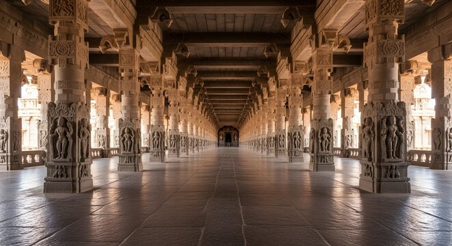 Majestic architectural corridor with carved stone pillars in Ramanathaswamy Temple. Longest temple hallway in Rameswaram, Tamil Nadu, India.