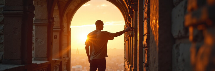 Fototapeta premium Man standing in archway during sunset with warm sunlight illuminating cityscape. Sunset view creates a serene atmosphere and highlights the figure in silhouette.