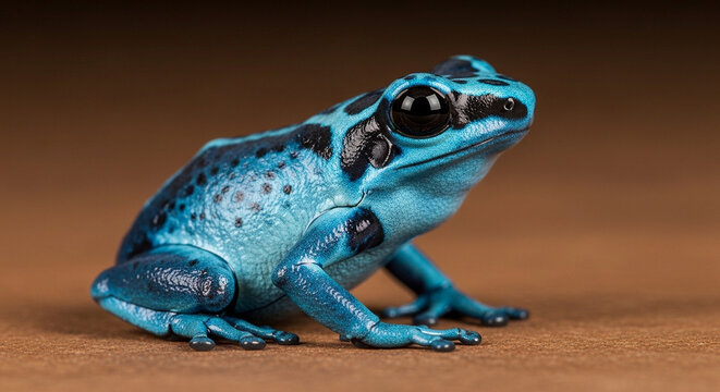 Blue frog sitting on brown surface.
