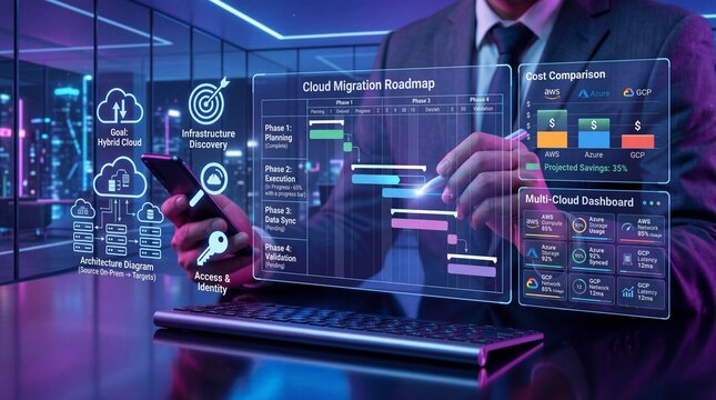 A businessman planning a cloud migration strategy on his laptop in a modern office