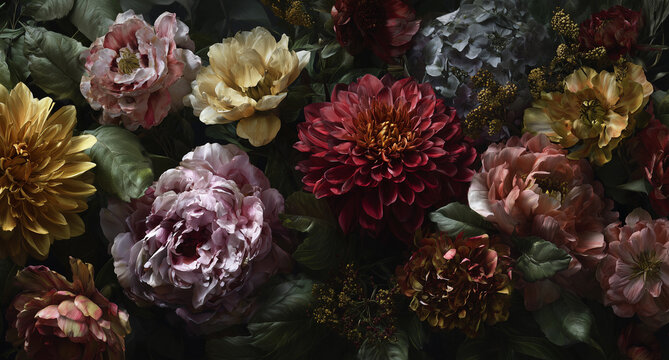 Luxuri&ouml;ses florales Blumenarrangement als detailreiches Muster in kr&auml;ftigen Farben &ndash; elegante botanische Bl&uuml;ten in rot, rosa, violett und gelb als dekorativer Hintergrund, stilvolle digitale Kunst