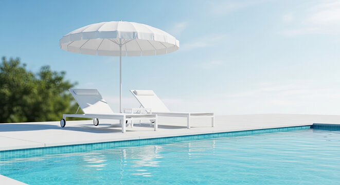 A serene poolside scene with white lounge chairs and umbrella on a sunny day