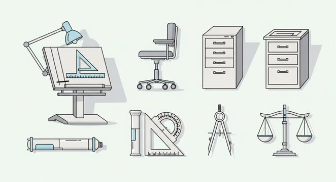 Architectural drafting tools and office furniture illustration.