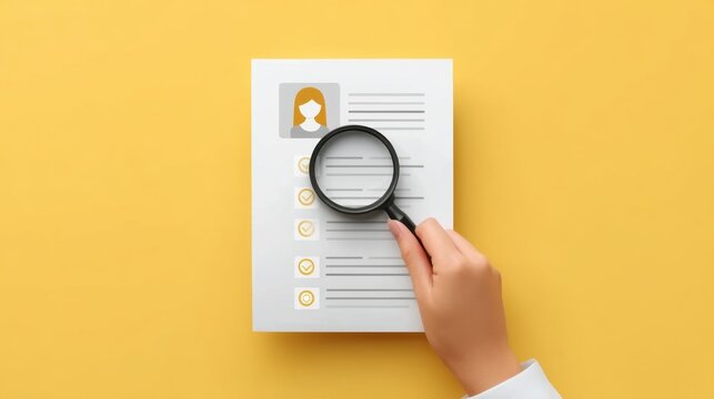 Hand Holding Magnifying Glass Over Document Highlighting Important Information Against Yellow Background