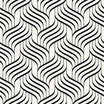 Seamless pattern with geometric waves. Endless stylish texture. Ripple monochrome background. Linear diagonal weaved grid. Bold interlaced swatch.
