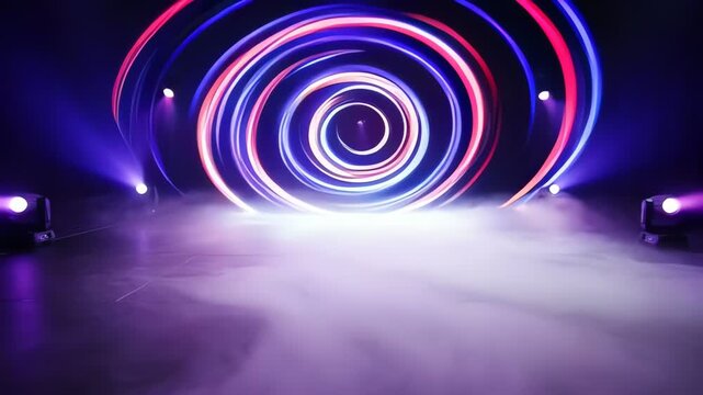 Stage lights beam purple fog over dark floor, atmospheric concert or performance setup
