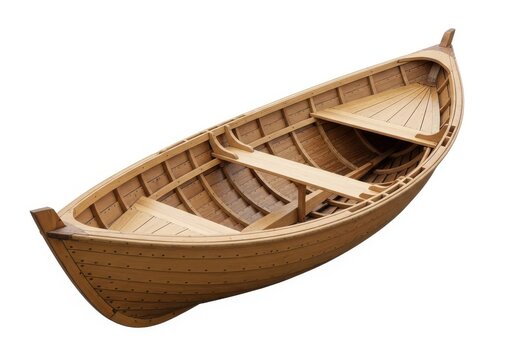 A wooden rowing boat with a classic design, sitting on a white background.