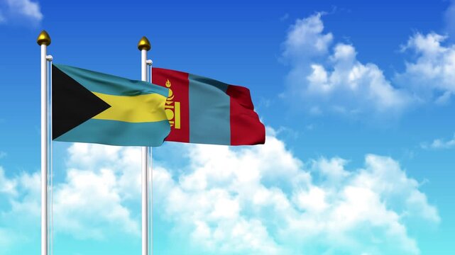 Waving flags of BAHAMAS and MONGOLIA on pole included with alpha
