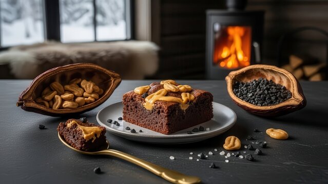 Gourmet chocolate brownie with peanut butter topping and cocoa beans