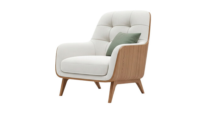 Modern White Armchair with Wood Accents and Green Pillow