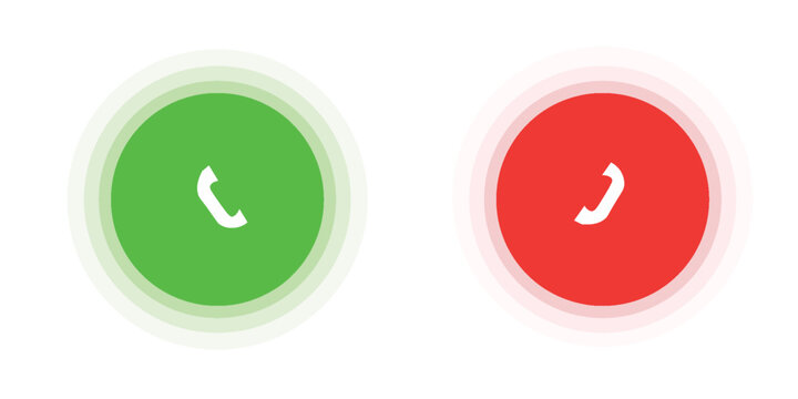 Phone call icon accept and decline. Icons depict the option to accept or decline phone call with red and green buttons. Phone icon. Answer and hang up the phone icon. Accept and decline incoming call