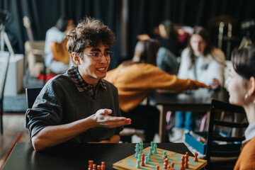 A young male student gestures while talking to a fellow student over a chessboard. Other students socialize and play games in the background of a casual study or club space. © qunica.com